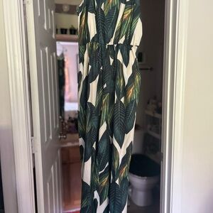 Tropical Leaf Print Maxi Jumpsuit